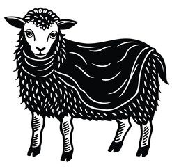 Stylized monochrome illustration of a woolly sheep, embodying natural comfort and the essence of soft, warm fibers. A graphic symbol representing quality and natural textures in a timeless style