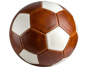 Classic leather soccer ball, brown and white panels, stitched
