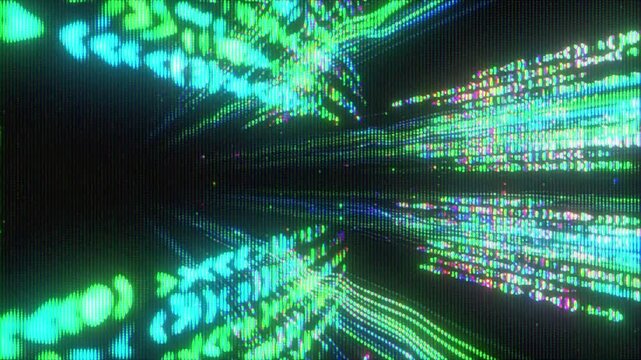 4K Data matrix tunnel animation, streaming code visualization overlay, digital signal flow distortion, cyber system interface visual effect layer