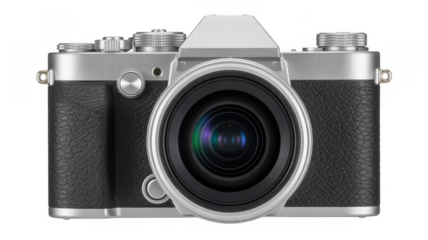 Silver and black camera with large lens leather isolated on a transparent background