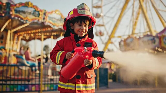 Young Firefighter at Amusement Park - A Day of Fun.