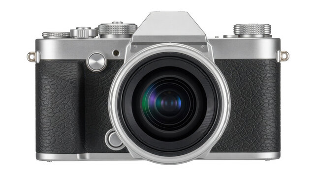 Silver and black camera with large lens leather isolated on a transparent background