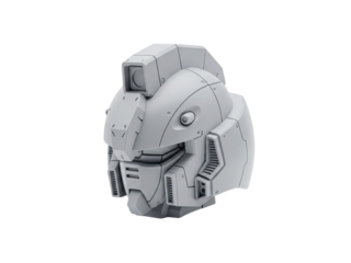 Gray robotic helmet with futuristic design and ventilation