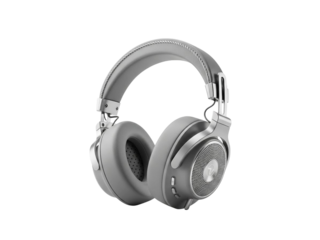 Gray wireless headphones with silver accents and mesh grille