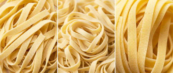 Image divided into three parts showing fettuccine pasta. Healthy Eating Day