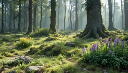 Enchanted Sunlit Forest with Old Mossy Trees and Flowers