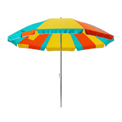 Obraz premium A colorful beach umbrella, open and ready for sun protection. It has vibrant, striped panels of yellow, orange, and blue. The umbrella is supported by a single pole.
