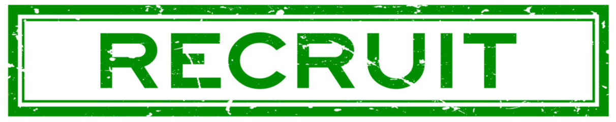 Grunge green recruit word square rubber seal stamp on white bacckground