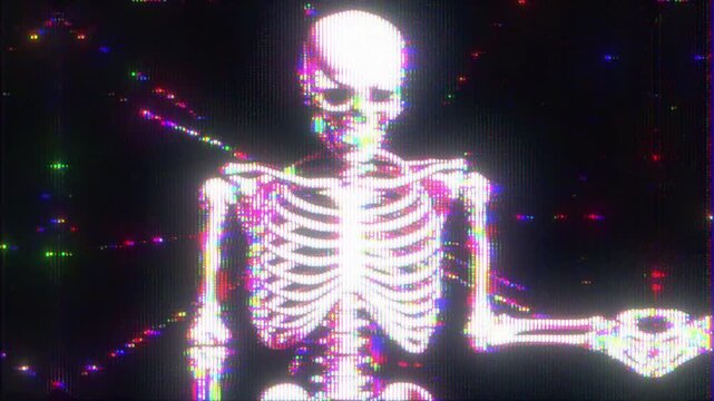 4K Glitch skeleton performance animation, digital humanoid distortion overlay, cyber noise interference, graphic design visual effect layer for music video and stage visuals