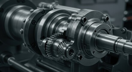 Close up of precision machined metal gears and shaft in a complex mechanism. Industrial engineering and mechanical component design concept.