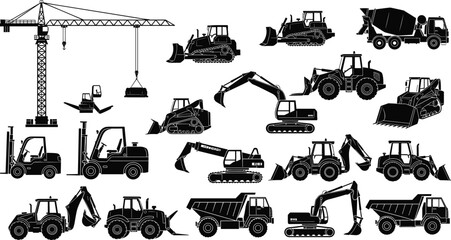 Construction vehicle silhouette set featuring heavy equipment icons of excavators, bulldozers, tower crane, cement mixer, forklifts, dump trucks, and backhoe loaders. © Shain