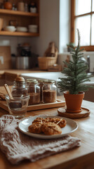 Naklejka premium Cottagecore Christmas: Homemade Pastries and Potted Tree.