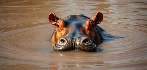 Hippopotamus emerges from the muddy river, eyes and nostrils above the water's surface,  emergent,  wildlife