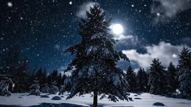 Snow covered pine tree against a night sky backdrop