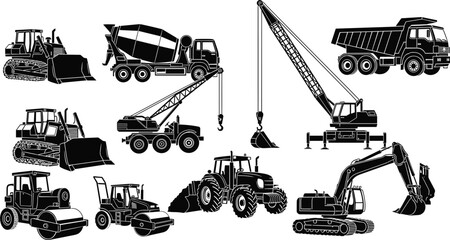 Heavy construction machinery silhouette set featuring excavator, bulldozer, cement mixer truck, dump truck, tower crane, road roller, and industrial tractor. © Shain