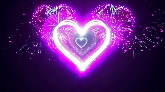 Flying through a glowing neon heart shaped tunnel with celebratory fireworks on dark background.
