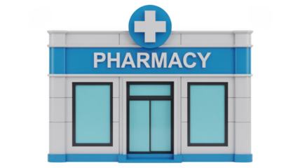 3D of a pharmacy storefront with blue and white signage 3D blue medical isolated on a transparent background