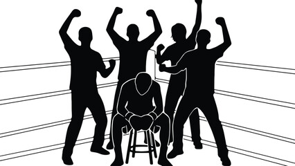 Boxers celebrate victory in the ring with one seated