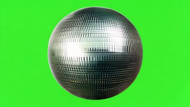 Rotating silver mirror disco ball reflecting light on green screen background for party overlays.
