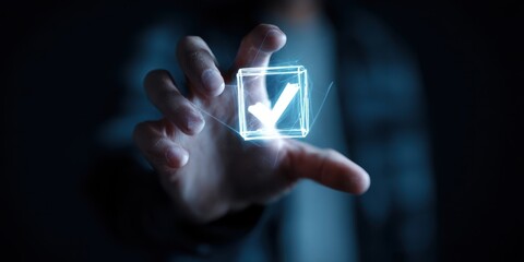The checkmark cube hovering above a human hand in futuristic blue light
