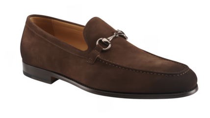 Brown leather loafer shoe with metal buckle isolated on a transparent background