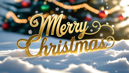 “Merry Christmas” in elegant gold script against a starry night sky with fluffy clouds and a bright, glowing, 8k image