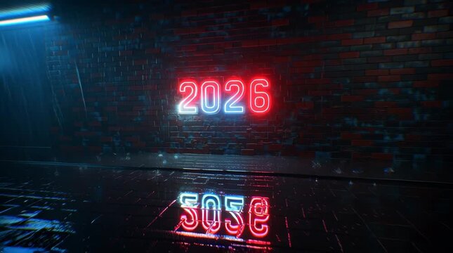 World Cup Year 2026: A captivating glimpse into the future. Illuminated in vibrant neon, the year 2026 is boldly emblazoned against a textured brick wall, its reflection dancing on the surface below.