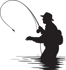 Silhouette of Angler Fly Fishing in Water with Curved Line