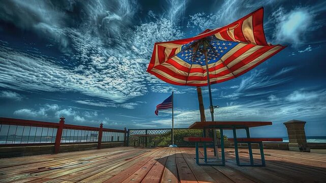 Video A patriotic umbrella with an American flag pattern sitting on a deck overlooking the ocean