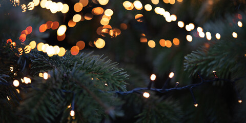 Close-up of a christmas tree with golden bokeh lights.