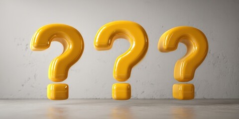 The Question Marks Three Glossy Yellow Symbols Standing Against a Minimal Concrete Background