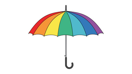 Obraz premium Open rainbowcolored umbrella with a curved black handle on a white background