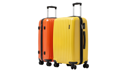 Two colorful suitcases isolated on transparent background with black handles