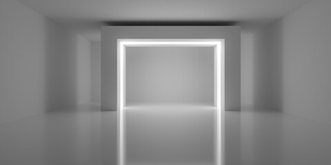 Empty blank white room background with free standing rectangular arc with inset light, modern interior template