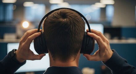 Young person with headphones focused on work in modern office setting, relaxed environment