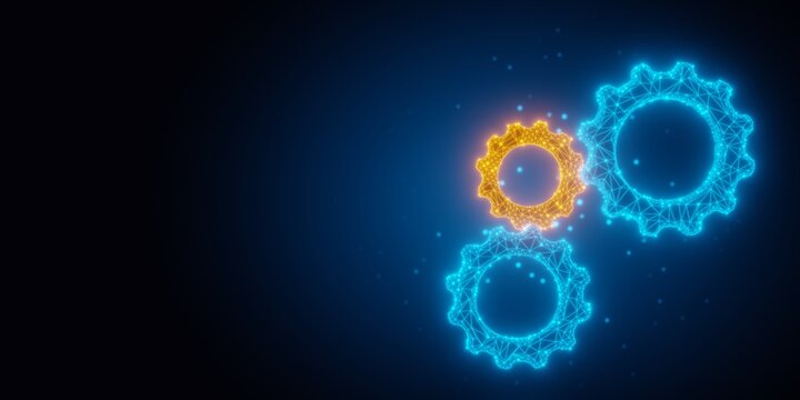 Group of blue glowing low-poly wireframe gears or cogwheels with one orange on black background with copy space, technolgy, software engineering or business background concept