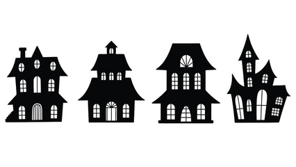 Set of spooky haunted houses in black silhouette on white