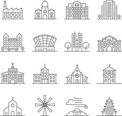 Obraz premium Minimalist Linear Icon Set of Buildings and Landmarks Vector Graphics for Architecture and Urban Design Projects