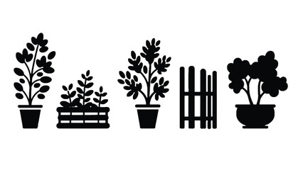 Black silhouettes of potted plants and fence on white background