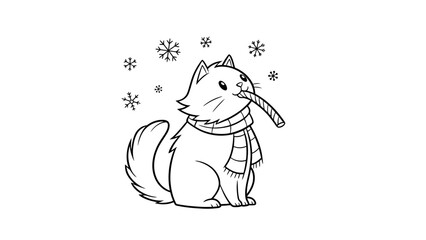 White cat enjoys winter with candy cane and scarf on