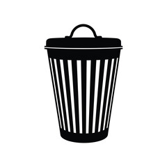 a simple black and white illustration depicts a cylindrical trash receptacle with a lid demonstrating a common waste container design high quality