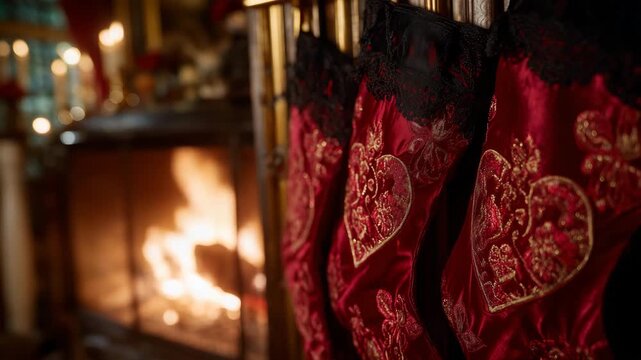 187Side-angle macro of three stockings, rich red texture with embroidered patterns, hanging gracefully above the glowing hearth, shadows creating depth and cozy atmosphere.