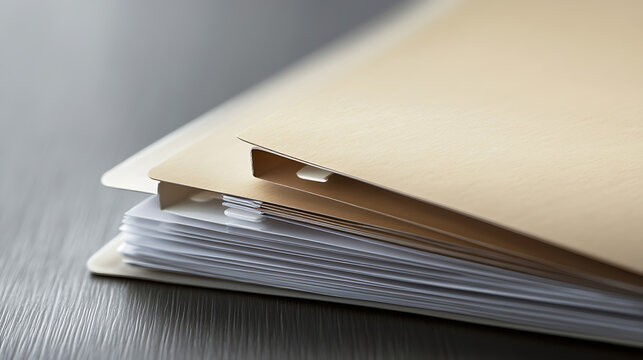 A close-up shot showcases a stack of meticulously organized documents nestled within a manila folder, resting on a sleek, dark surface. It represents organization.