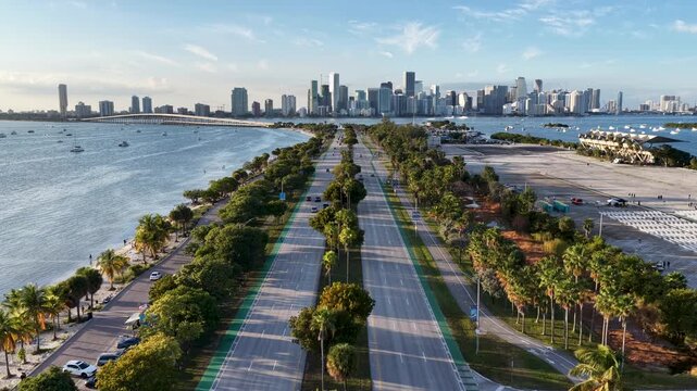 Sunset Miami Skyline In Miami Florida United States. Urban Life Landscape Of Freeway Road Connecting City Streets. Building Industry Skyline Birds View Stunning. Industry Cityscape Birds View.