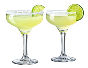 Two refreshing cocktails with salt rims and lime garnishes