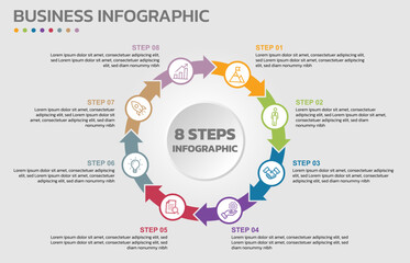 Visual data presentation. Cycle diagram with 8 options. Pie Chart Circle infographic template with 8 steps, options, parts, segments. Business concept. Editable pie chart with sectors.