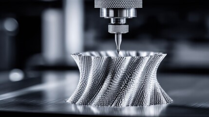 Closeup medium view of metallic 3D printing in action emphasizing precision and texture on a complex prototype model.