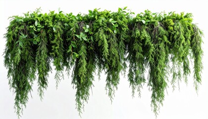 Horizontal Hanging Greenery Border with Cascading Ferns and Evergreen Foliage Isolated on White