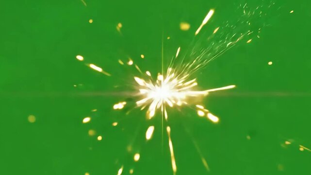Burst of yellow fire sparks flying outward. Realistic welding or friction particles isolated on green chroma key for visual effects compositing.