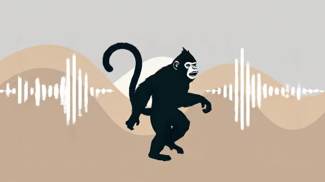 A black silhouette of a monkey standing in front of a sound wave graphic against a gray and brown background.